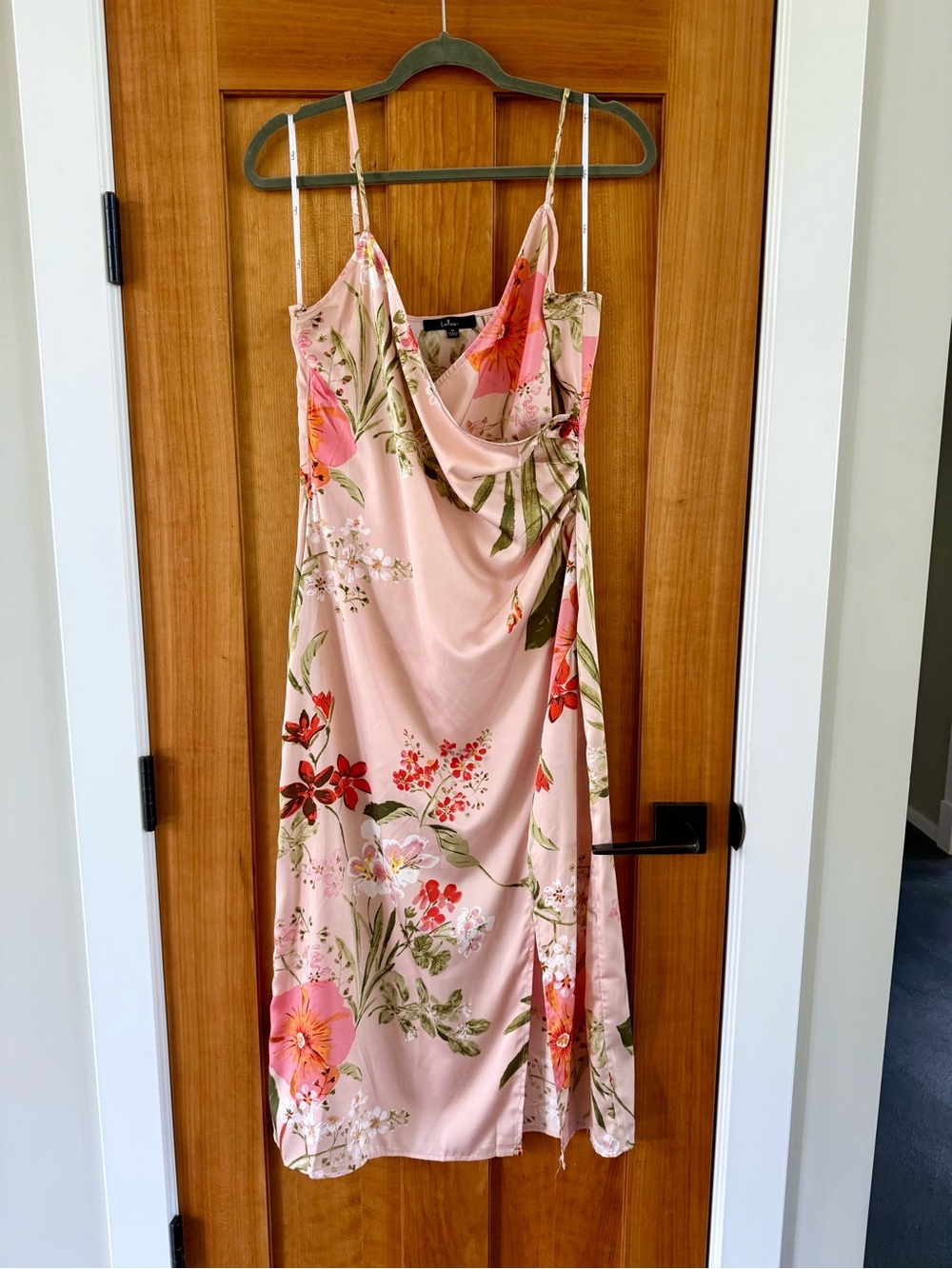 Lulu's Pink Floral Midi Dress with Green and Coral Accents